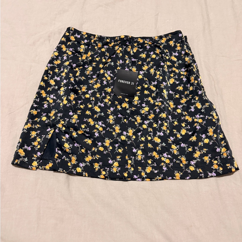 Forever 21 Black Mini Skirt with Yellow & Lilac Floral Print